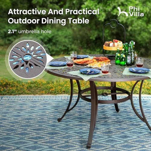 PHI VILLA Patio Dining Set, Swivel Chairs, 54" Round Cast Aluminum Table
