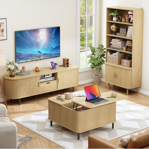 ONBRILL 71" Bookshelf with Sliding Door, Bookcase Storage Cabinet, Oak