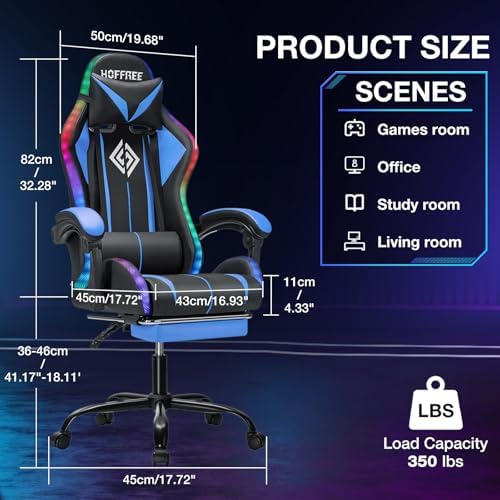 RGB Gaming Chair with Bluetooth Speakers and LED Lights Computer Chair-Blue |...