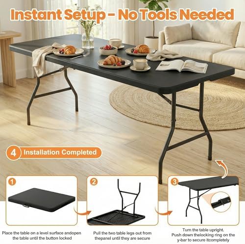 2 Pack Folding Table 6FT Heavy Duty Plastic Utility Table with Carrying Handl...