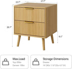 CARPETNAL Fluted Nightstand, Oak Bedside Table with 2 Drawers and Gold Handles, Wood End Table Mid Century Night Stands for Bedroom Living Room