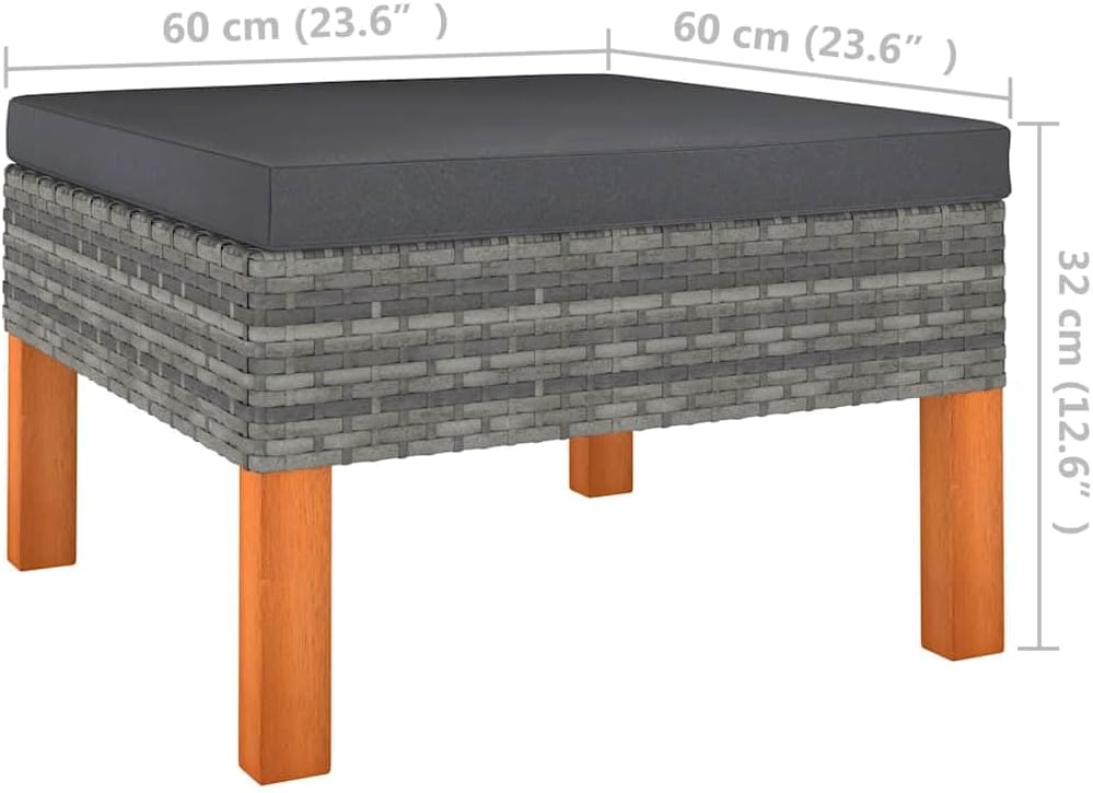 Poly Rattan Footstool with Solid Eucalyptus Wood Legs, PE Rattan Outdoor Indo...
