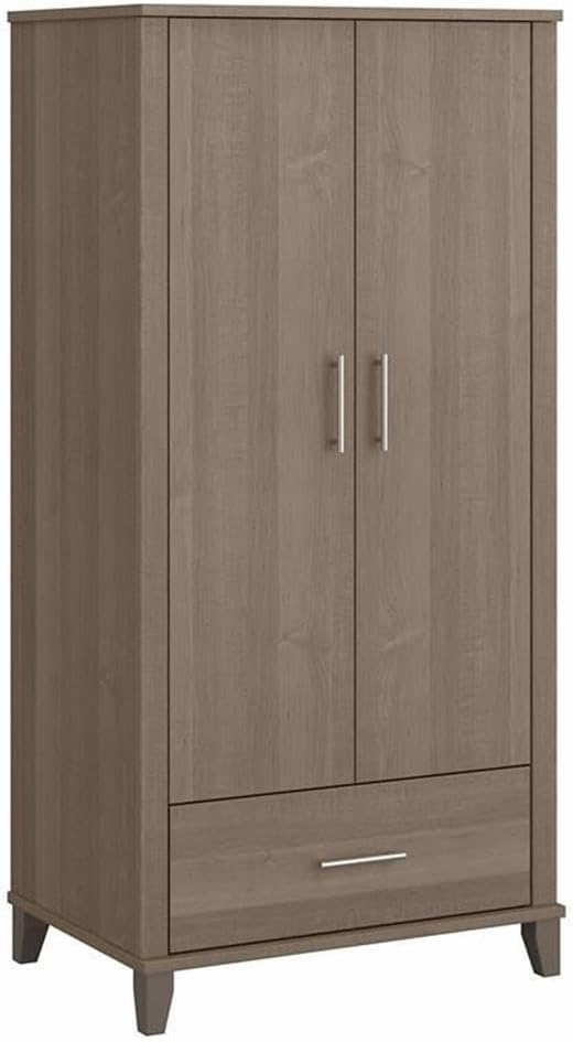 Pemberly Row Tall Kitchen Pantry Cabinet, 32W x 21D x 65H, Engineered Wood, Ash Gray Finish, Adjustable Shelves, Bottom Drawer, Hanging Rod, Wall Anchor, Durable Storage for Food, Plates, Utensils,