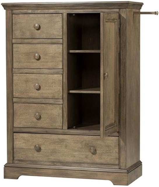 Pemberly Row Traditional Solid Hardwood Chifferobe, 42" W x 18.75" D x 56.75" H, Cashew Finish, 5 Drawers, Wardrobe-Style Storage, Clean Lines for Bedroom or Closet Organization