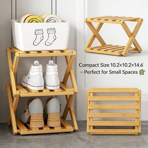 Bamboo Foldable Narrow Shoe Rack, The 9-Tier Bamboo Rack: 3-Tier, 6-Tier, and 9-Layers No-Assembly Storage Solution! Vertical Shoe Organizer Tall for Small Spaces Entryway Bedroom (White, 3 Tier)