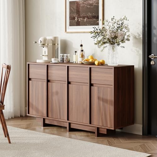 55in Walnut Buffet Cabinet, Mid Century Wood Sideboard Storage