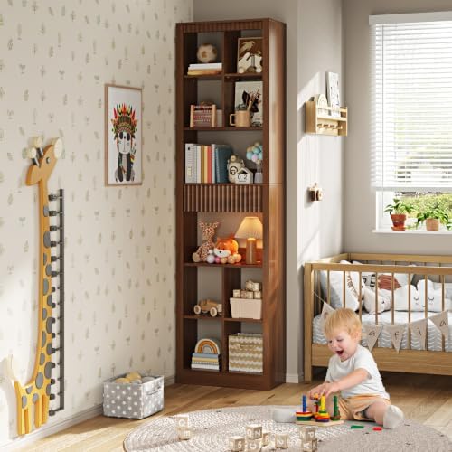 Wodeer 71" Tall 6 Tier Bookshelf with 8 Cube Open Display, Walnut Bookca...