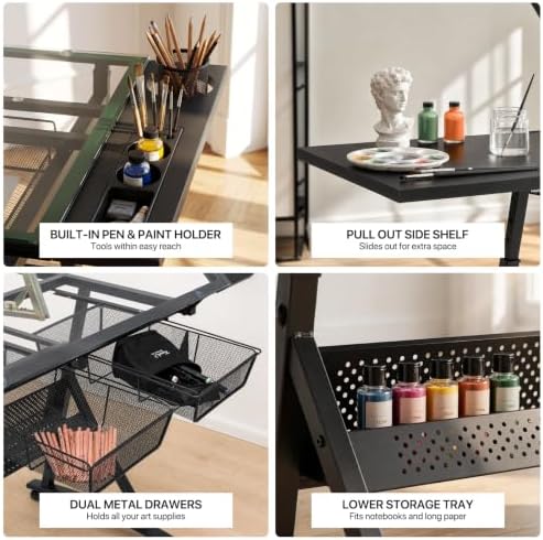 Athena Collection Glass Drafting Table W/Stool, Tilting Art Desk, Black