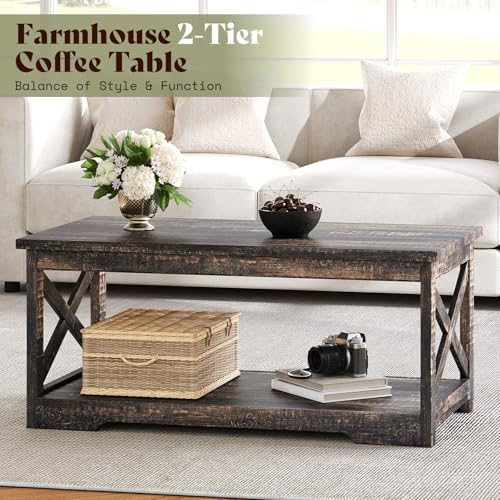 AMERLIFE 3 Piece Farmhouse Living Room Coffee Table Set, Dark Oak | Coffee Ta...