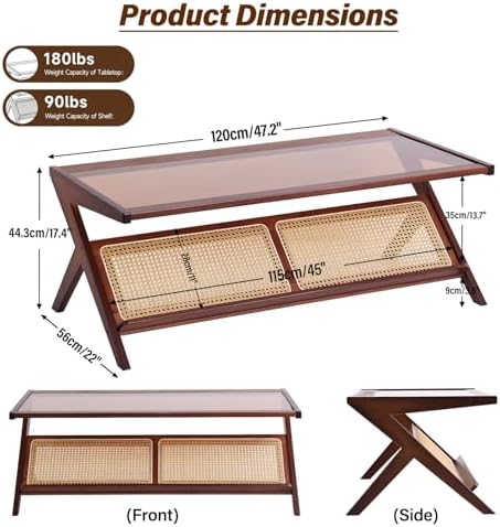 Tiita Brown Rattan Coffee Table, Bamboo Glass Top Table with Storage