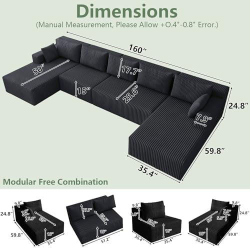 160" U Shaped Cloud Couch, Oversized Modular Sectional Sofa for Living R...