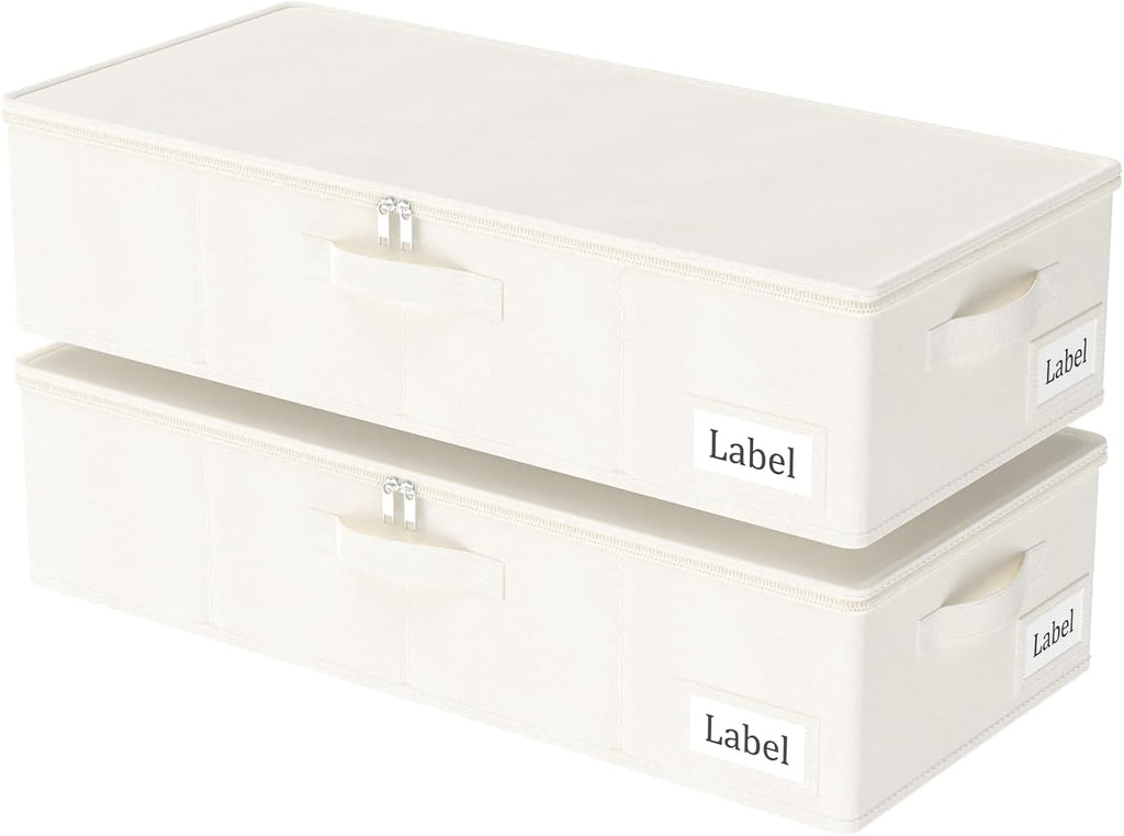 Yawinhe Underbed Bags, Storage Containers Bags with Lid, Foldable Blanket Bins, with Sturdy Zipper und Label Holders, for Clothing, 23.6''Lx11.8''Wx6''H, 2 Pack, Beige