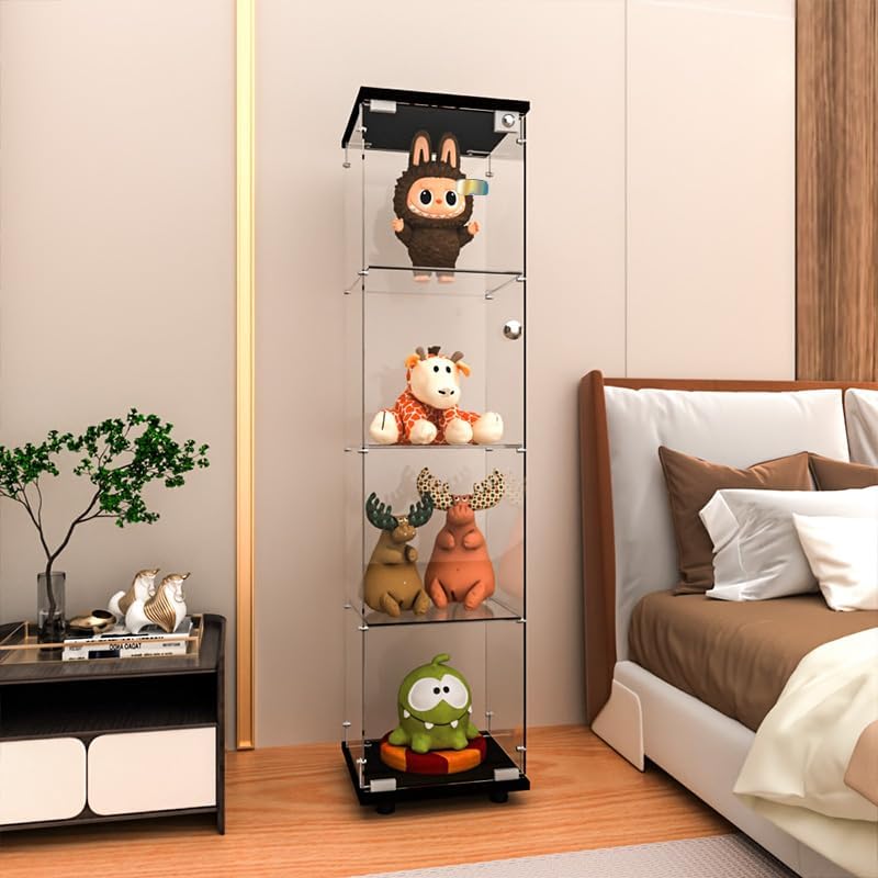 FLYMUHJIA Curio Cabinet Glass Display Case for Collectibles with Door, 4 Disp...