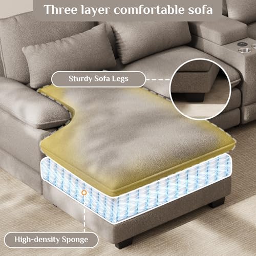 OUYESSIR 133" U Shaped Cloud Sectional Couch with USB Port, Stone Grey | 4 Seat, Double Chaise Lounge, Central Console, Cup Holders