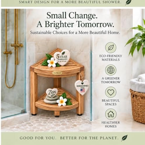 EcoDecors Corner Shower Stool with Shelf, Solid Teak Shower Bench