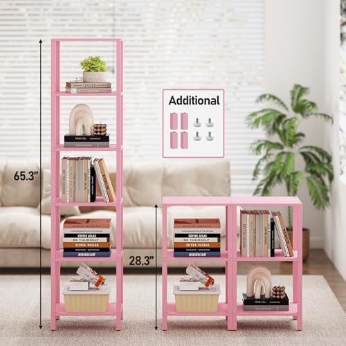 TUTOTAK Bookshelf, 6-Tier Tall Narrow Book Shelf for Small Space | 10.7 x 14.5 x 65.3 Inches Skinny Display Shelf with Storage for Living Room, Office, Study, Entryway, Pink BS01BP006