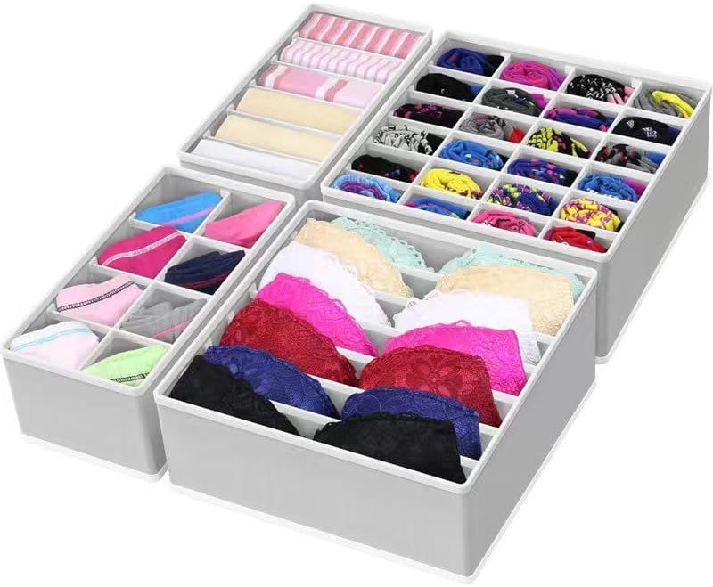 4 Piece Drawer Organiser,Collapsible Non-Woven Sorting Box,Closet Divider For Underwear,Socks,Bras,Ties (Grey)