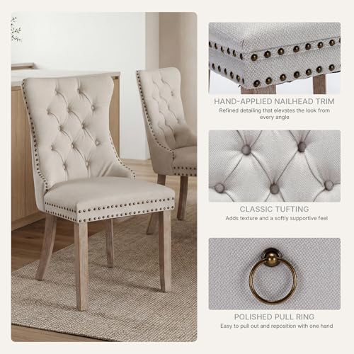 Beige Linen Dining Chairs Set of 6, Fabric Upholstered Kitchen & Dining R...