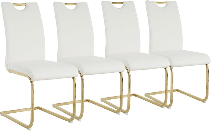 Goujxcy Dining Chairs Set of 4, Modern High Back Kitchen Chairs with Metal Legs and Faux Leather Padded Seat Upholstered Dining Chairs for Dining & Kitchen,Living Room (White&Gold, Set of 4)