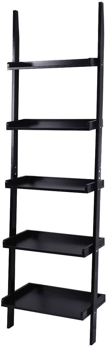 Tangkula Ladder Bookcase 5-Tier Wood Leaning Shelf Wall Plant Stand for Home Office Modern Flower Book Display Shelf Storage Rack Stable A-Frame Wooden Ladder Shelf (Black)