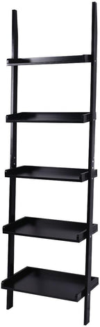 Tangkula Ladder Bookcase 5-Tier Wood Leaning Shelf Wall Plant Stand for Home Office Modern Flower Book Display Shelf Storage Rack Stable A-Frame Wooden Ladder Shelf (Black)