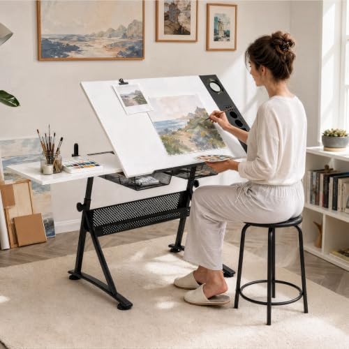 Athena Collection Wooden Drafting Table W/Stool, Tilting Art Desk, White