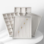 Velvet Ring Display Tray, Stackable Muilt Slot Rings Ear Stud Storage Tray, Drawer Insert Jewelry Accessories Organizers Plate (White)