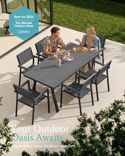 Aluminum Outdoor Dining Set of 6, Patio Table and Stackable Chairs, Grey