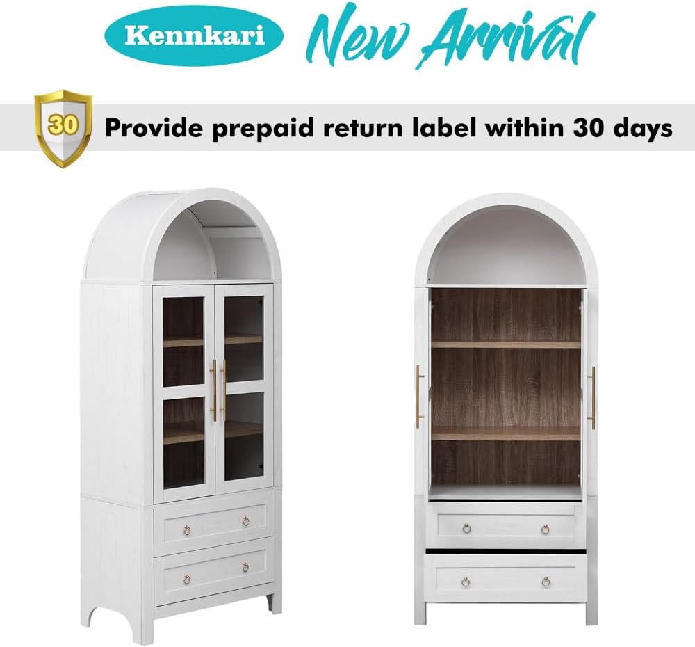 71" Tall Arched Kitchen Pantry Cabinet with 2 Large Drawers & Adjust...
