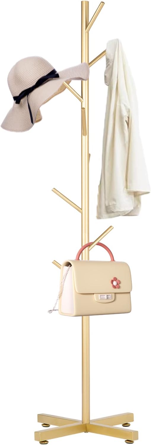 Snaikor Metal Coat Rack, Modern Coat Rack Freestanding, Sturdy Coat Tree Stand with Cross Base, Golden Coat Racks Hall Tree for Clothes Jacket Hat Bag Entryway