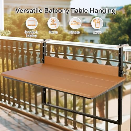 HDPE 39.3" Outdoor Folding Balcony Bar Table for Railings, Teak