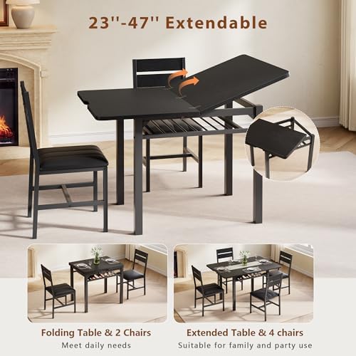 MapleGrace Extendable Dining Table Set for 4 with Built-in Shelf Rack Black