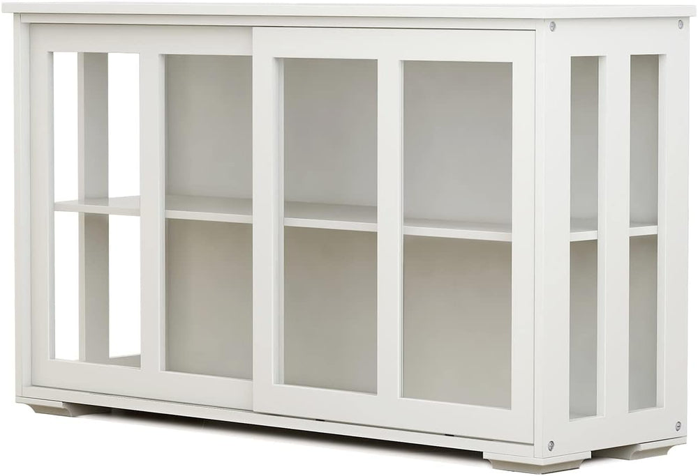 White Sideboard Buffet Cabinet with Sliding Glass Doors, Storage Credenza wit...