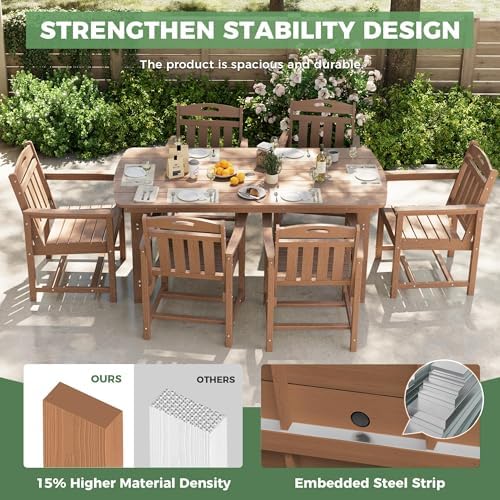 HDPE Outdoor Dining Set, Patio Table and 6 Chairs, 2" Umbrella Hole, Teak
