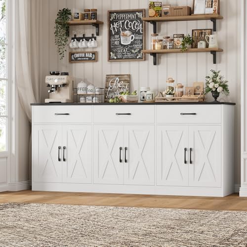 HOSTACK 71" W Kitchen Sideboard Buffet Cabinet with Storage, White/Black