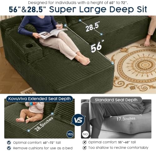 Green 134 Inch U-Shaped Modular Sectional Sofa, Corduroy Cloud Couch with Dua...