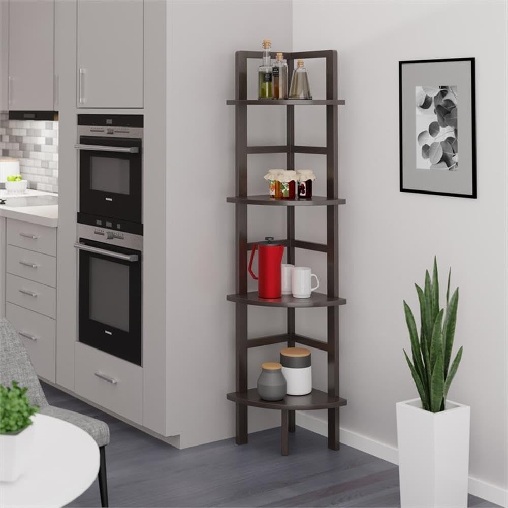 Pemberly Row Corner Solid Wood Baker's Rack, Coffee Finish, 4-Shelf Storage, 63.58" H x 13.86" W x 13.86" D, Space-Saving Transitional Design for Kitchen, Living Room, Dining Room, or Bathroom Use