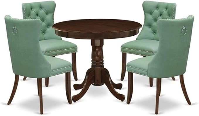East West Furniture ANDA5-AWA-22 5 Piece Kitchen Table Set Includes a Round Dining Table with Pedestal and 4 Polyester Fabric Upholstered Parson Chairs, 36x36 Inch, Antique Walnut