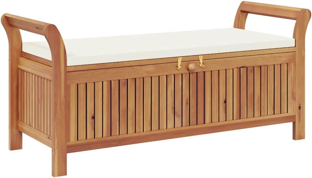 Solid Acacia Wood Patio Storage Bench 49.6 Inch | With Cushion, Curved Arms, ...