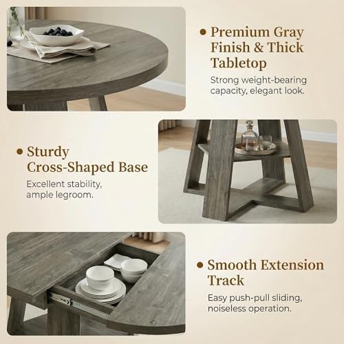 5 Piece Round Extendable Dining Table Set for 4, 43"-59" Grey Wood ...