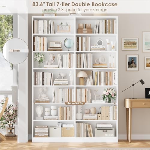 FACBOTALL 83.7" Tall Bookshelf and Bookcase,7-Tier Double Bookshelves White