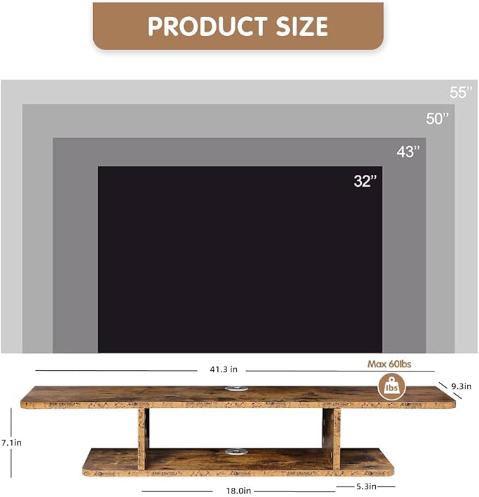 GHC Floating TV Stand, Wall Mounted Entertainment Center and Cabinet Shelf, TV Console with Storage, Media Console for DVD Player, Space-Saving Under TV Shelf for Bedroom (Rustic Brown)