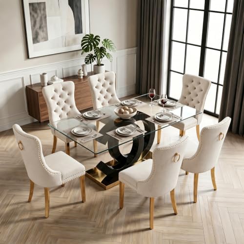 Glass Dining Table Set for 6,Modern Black Gold Dining Table Set,63" | Te...