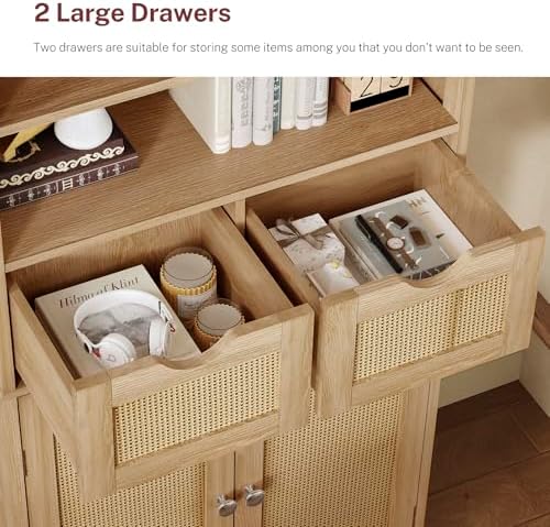 Iwell Tall Storage Cabinet, Rattan Cabinet with 2 Drawers & Adjustable Sh...