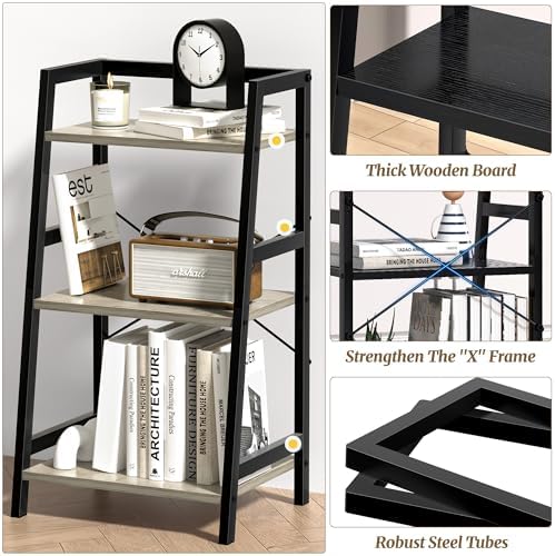 3-Tier Bookshelf, Ladder Shelf, Stand up Shelves, Industrial Bookcase with St...