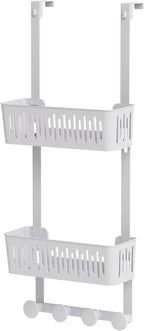 Zenna Home SnugFit Over the Door Caddy Organizer with 2 Storage Baskets and 4 Hooks, Over Door Hanging Organizer for Bathroom, Kitchen, Bedroom, Closet, Easy to Install, No Drilling, White