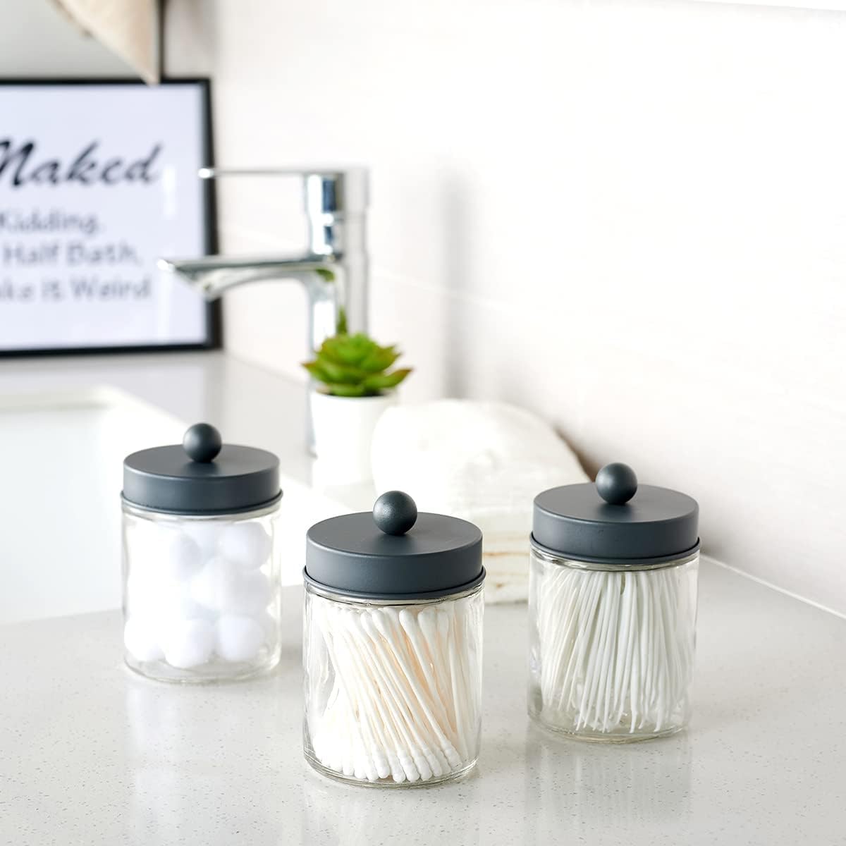 Amolliar 6Pc Apothecary Jars Bathroom Vanity Organizer- Rustic Farmhouse Decor Storage Canister with Stainless Steel Lids- Qtip Dispenser Holder for Q-Tips,Cotton Swabs,Rounds,Ball,Flossers (Grey)