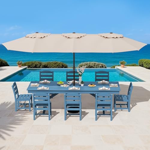 SERWALL 9Pcs 84" HDPE Outdoor Dining Set for 8 with Armless Chairs,Blue