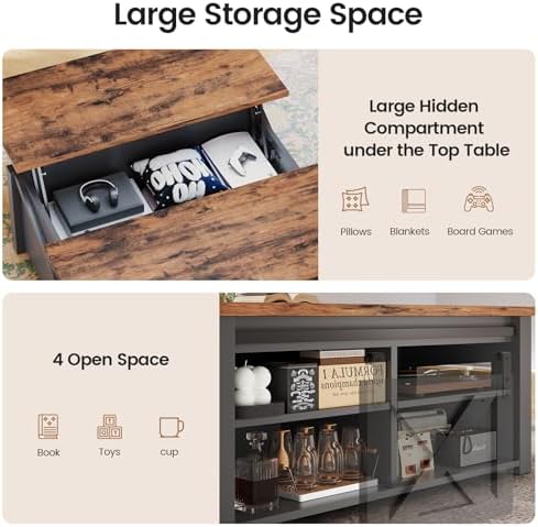 SEDETA 31.5" Lift Top Coffee Table with Storage, Square Coffee Tables for Living Room, Farmhouse Coffee Table with Large Hidden Storage Compartment and Adjustable Shelves, Black
