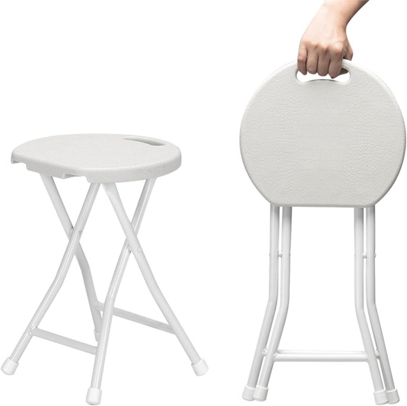 Portable Round Stool, 18 inch, Lightweight, Bar Stool, Sturdy Plastic, Foldable, Steel Frame Legs, Metal Chair, No Assembly Required, White